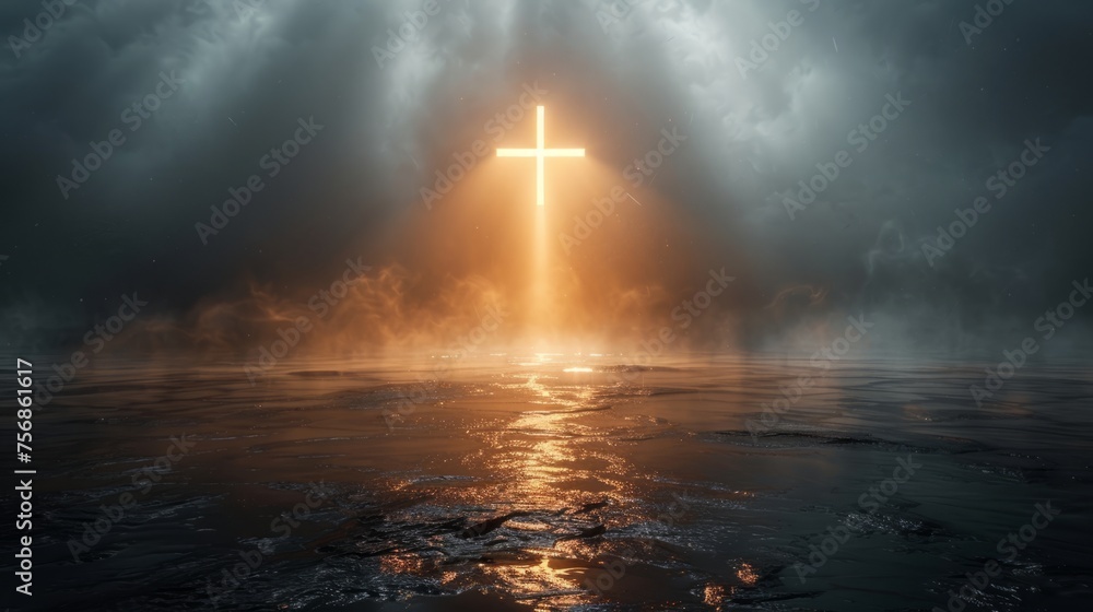 Obraz premium The Easter Religious background with the Christian Cross The Stairway to heaven is a spiritual concept, the stairway to the light of spiritual fantasy, the Dundar effect, the light of Jesus
