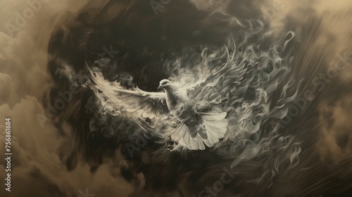 Holy spirit, Dove in flames. White dove flying in the sky with smoke and fire effect. Black and white. photo
