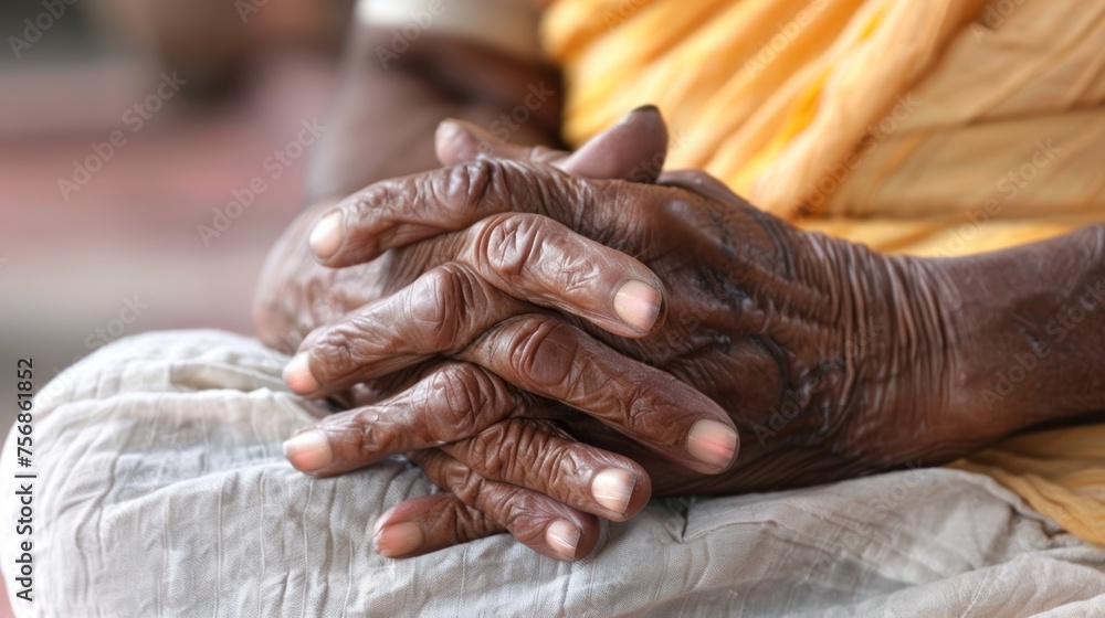 Fototapeta premium A senior's hands placed in a gentle yoga pose, promoting relaxation and stress relief