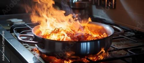 A dish is being prepared on the stove with flames. The cuisine is being cooked using gas for heat. Ingredients are simmering in the cookware for the cooking event