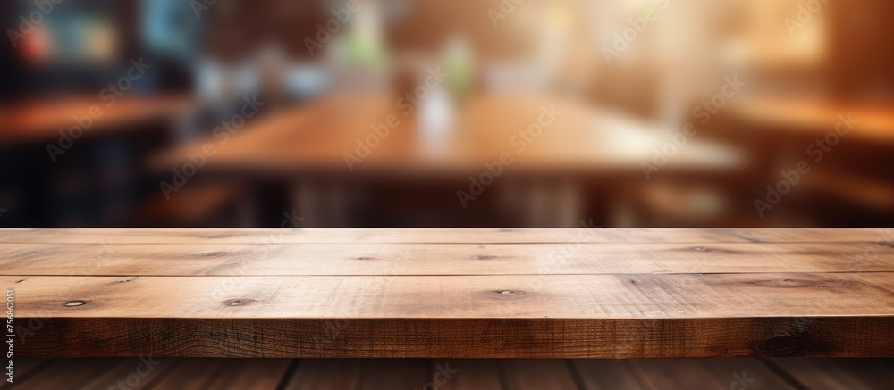 A rectangular brown wooden table with a glossy varnish finish sits in a restaurant, blending into the hardwood plank flooring with blurred background A rectangular brown wooden table with a glossy varnish finish sits in a restaurant, blending into the hardwood plank flooring with blurred background
