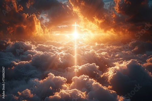 The Easter Religious background with the Christian Cross The Stairway to heaven is a spiritual concept, the stairway to the light of spiritual fantasy, the Dundar effect, the light of Jesus © SHI