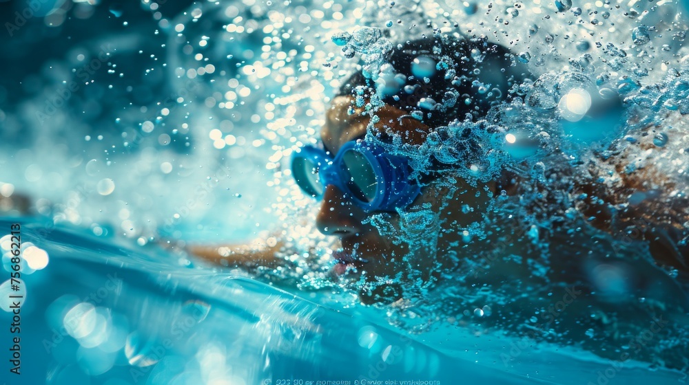 Close-up of a swimmer with goggles, underwater, with effervescent bubbles.