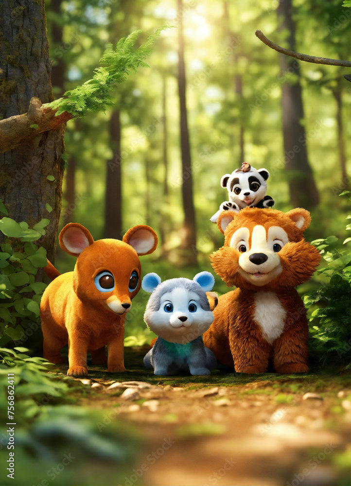 3D children's image of 4 animals playing hide and seek in the forest 3D children's image of 4 animals playing hide and seek in the forest