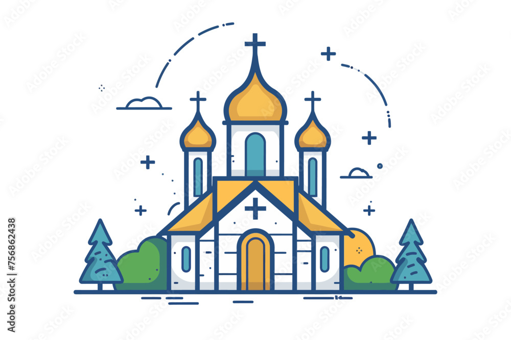 an icon of a church, very simple, just an outline with a white background, simple color
