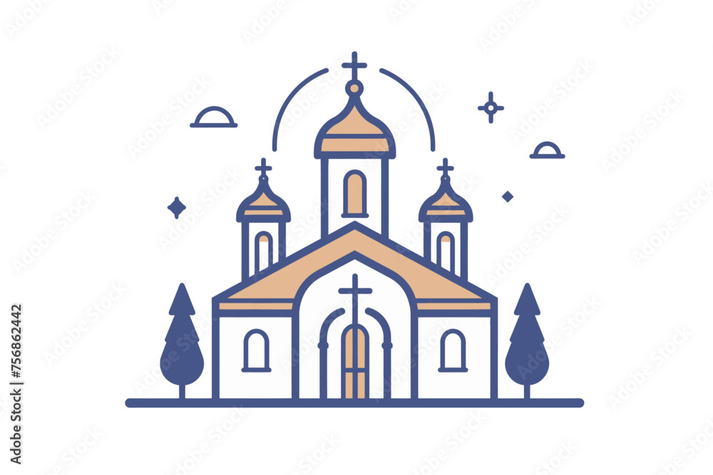 an icon of a church, very simple, just an outline with a white background, simple color