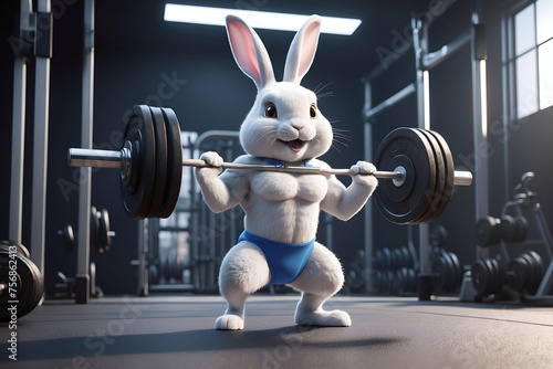 A cute bunny at gym. Easter bunny working out with weights. Fitness bunny.  photo