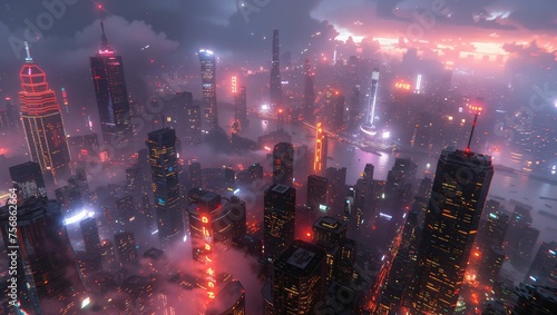 Cyberpunk cityscape, neon lights, and futuristic architecture