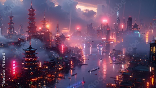 Cyberpunk cityscape  neon lights  and futuristic architecture