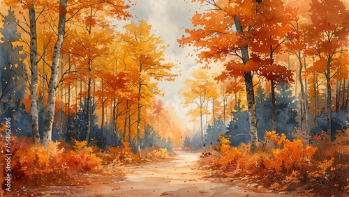Autumn forest scene in watercolor  capturing the essence of the season