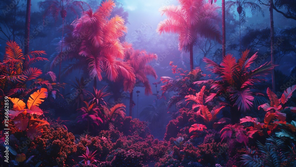 Neon jungle scene, where the wild meets the whimsical in vivid colors
