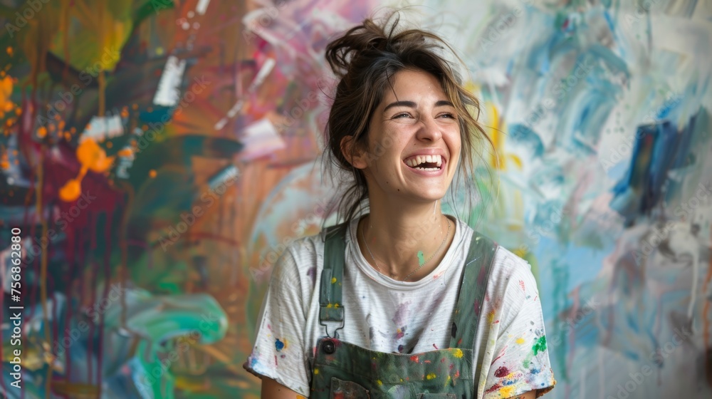 A woman with paint splattered overalls smiles contentedly as she admires her latest abstract artwork A woman with paint splattered overalls smiles contentedly as she admires her latest abstract artwork