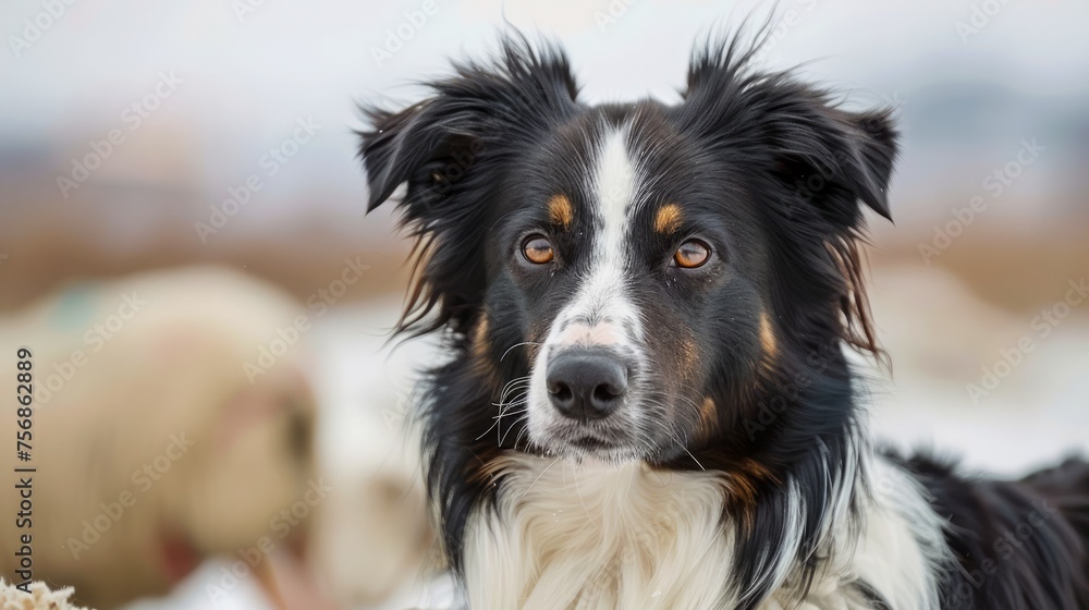 Striking Border Collie Dog with Intense Gaze Posing Outdoors on a Cloudy Day, Fluffy Pet Enjoying Nature