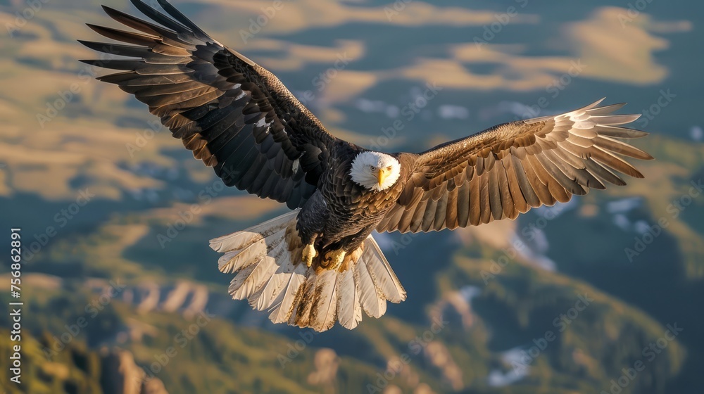 Obraz premium Majestic Bald Eagle in Flight Over Scenic Mountain Landscape at Golden Hour