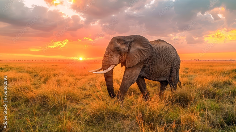 Majestic African Elephant Roaming the Savannah at Sunset with Golden Sky and Clouds