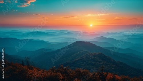 Gradient sky meeting a mountainous horizon, a serene yet dynamic vista © akarawit