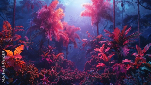 Neon jungle scene  where the wild meets the whimsical in vivid colors