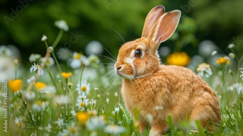 Wild Brown Rabbit in Lush Green Meadow with Spring Flowers, Nature Wildlife Scenery, Tranquil Animal Portrait