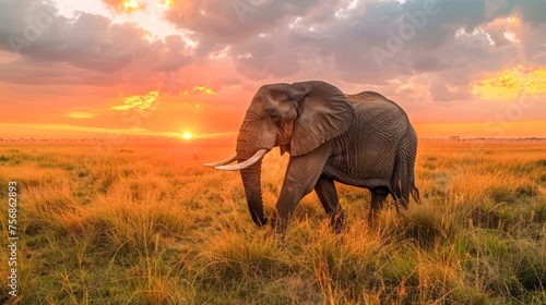 Majestic African Elephant Roaming the Savannah at Sunset with Golden Sky and Clouds © pisan