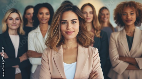 A businesswoman stands in front of a diverse team, symbolizing her leadership and collaborative approach 