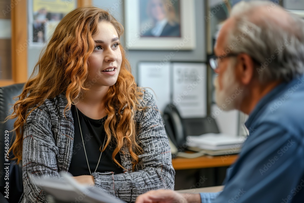 Photography of head hunter talking to young lady trying to find work. Showed girl from front and blurred man from the back. Both sits in the office room. At right angle view.
Photography of head hunter talking to young lady trying to find work. Showed girl from front and blurred man from the back. Both sits in the office room. At right angle view.