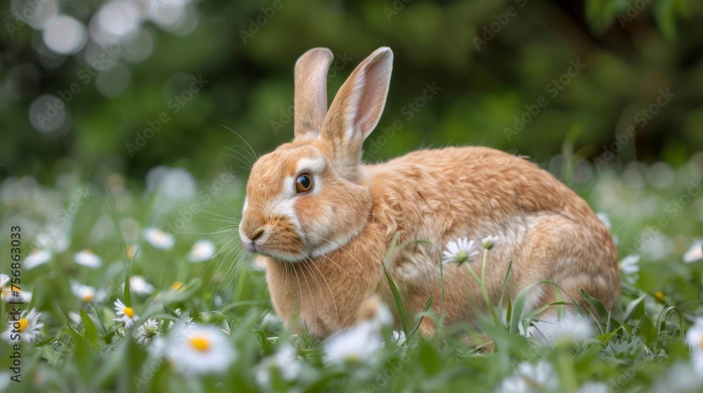 Fototapeta premium Adorable Brown Rabbit Sitting Among White Daisy Flowers in a Fresh Green Meadow