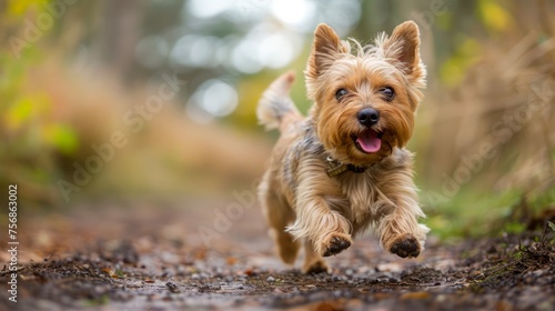 Happy Yorkshire Terrier Running on a Forest Trail with Ears Flopping and Tongue Out in Nature © pisan