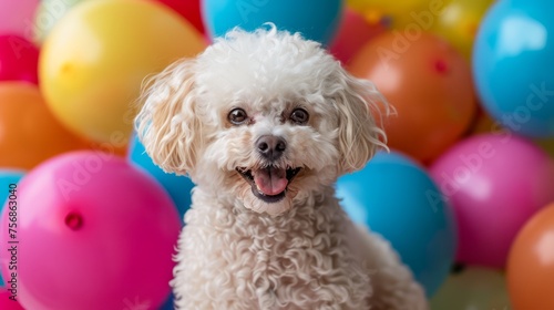 Cheerful White Poodle Dog Smiling with Colorful Balloons in the Background © pisan