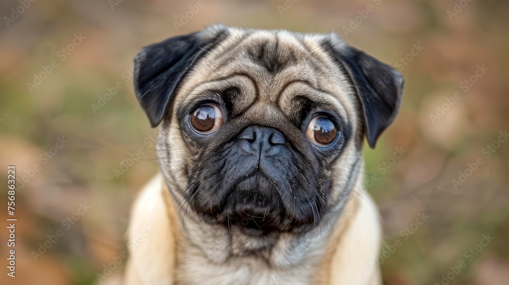 Adorable Pug Dog with Big Soulful Eyes Sitting Outdoors in Nature - Closeup of Cute Canine Expressive Face