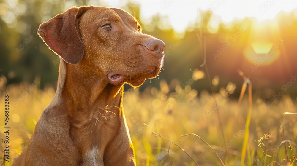 Serene Hungarian Vizsla Dog Sitting in Golden Sunrise Light in Lush Meadow, Elegant Canine Profile