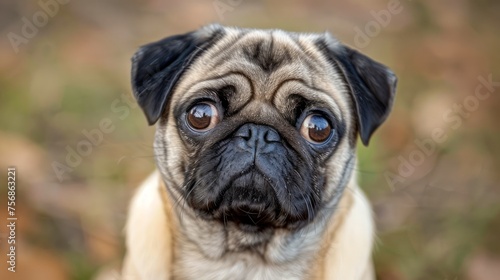 Adorable Pug Dog with Big Soulful Eyes Sitting Outdoors in Nature - Closeup of Cute Canine Expressive Face © pisan