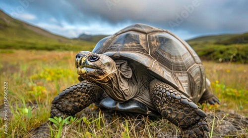 Majestic Galapagos Tortoise Crawling in Lush Green Meadow with Dramatic Cloudy Sky Background