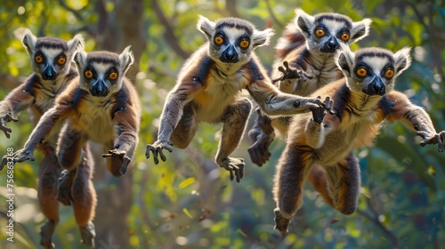 Group of Energetic Ring-tailed Lemurs (Lemur catta) Leaping in Natural Habitat, Madagascar Wildlife Scene photo