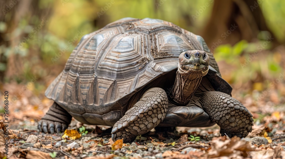Majestic Tortoise In Natural Habitat Among Autumn Leaves Closeup Shot