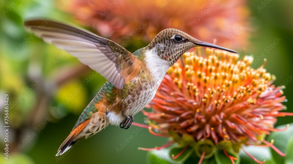 Fototapeta premium Hummingbird in Flight Feeding on Orange Flower Nectar in Vibrant Natural Setting