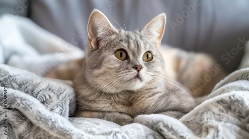 Adorable Tabby Cat Lounging Comfortably on Soft Grey Blanket in Cozy Home Setting with Warm Ambient Light and Serene Expression © pisan