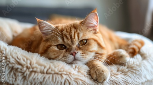 Orange Tabby Cat Lounging on Fluffy White Blanket with Attentive Gaze, Indoor Pet Relaxation