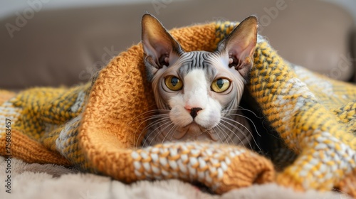 Cute Sphynx Cat Wrapped in Soft Yellow Knitted Blanket on Cozy Sofa