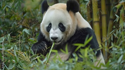 Giant Panda In Natural Habitat Gently Eating Bamboo Surrounded By Lush Greenery