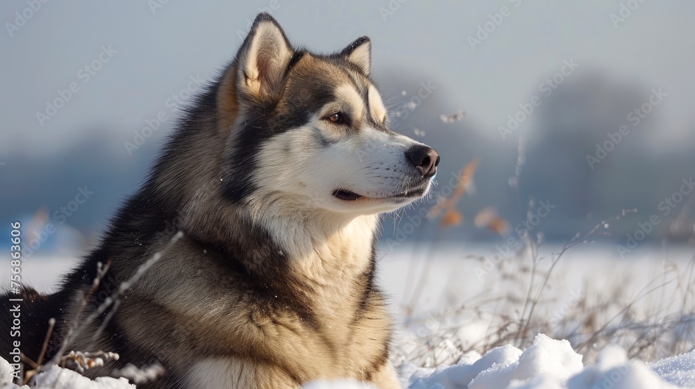 Majestic Alaskan Malamute Dog Sitting in Snowy Landscape, Winter Canine Beauty under Sunlight Majestic Alaskan Malamute Dog Sitting in Snowy Landscape, Winter Canine Beauty under Sunlight