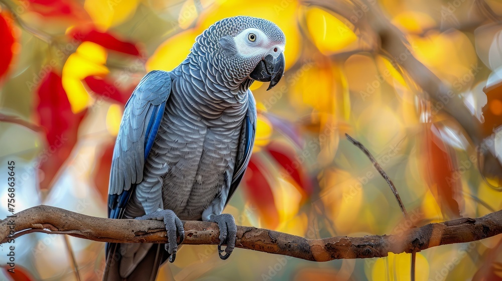 Obraz premium Majestic African Grey Parrot Perched on Branch with Vibrant Autumn Leaves Background