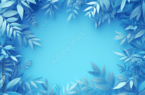 Refreshing Blue Abstract with Tropical Leaves, Flat Lay Top View, Minimalist Concept, Paper Cutout Style, Copy Space for Text