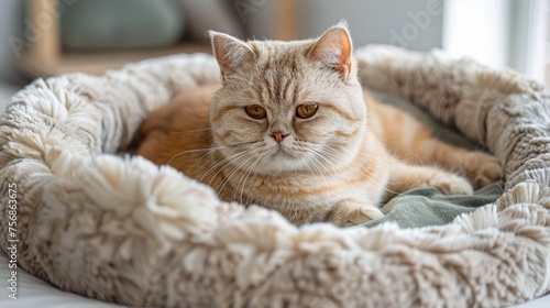 Wallpaper Mural Close-Up of Adorable British Shorthair Cat Lounging in Cozy Pet Bed with Plush Cushion Indoors Torontodigital.ca