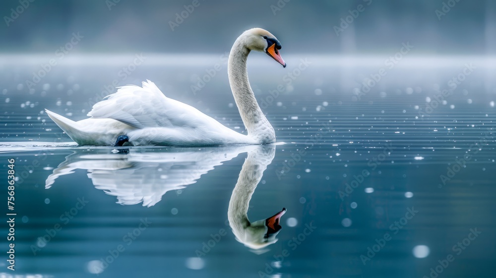 Majestic White Swan Reflected in Serene Lake Waters on a Misty Day with Soft Light and Tranquil Scenery Majestic White Swan Reflected in Serene Lake Waters on a Misty Day with Soft Light and Tranquil Scenery
