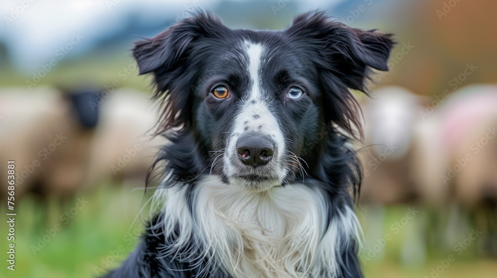 Intelligent Border Collie Dog with Piercing Eyes Herding Sheep in Pastoral Countryside Scenery