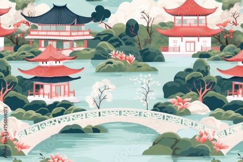 Transport your audience to a traditional Chinese garden with a seamless pattern background  showcasing elements like pavilions  bridges  Generative AI