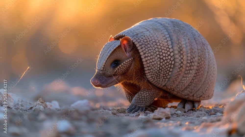 Close-Up of a Lone Armadillo at Sunset in Natural Habitat with Warm Golden Light Close-Up of a Lone Armadillo at Sunset in Natural Habitat with Warm Golden Light