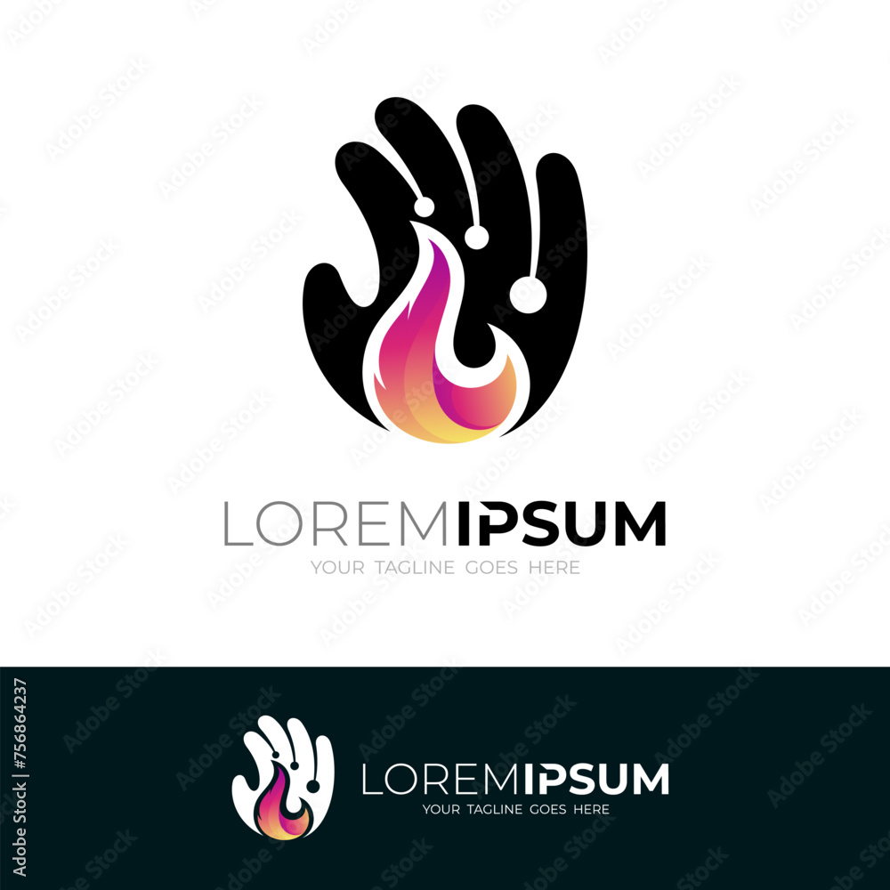 Fototapeta premium Hand and bonfire logo design combination, danger icon