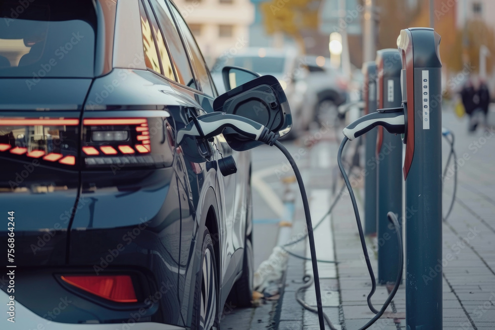 a black car is plugged into a charging station by AI generated image a black car is plugged into a charging station by AI generated image