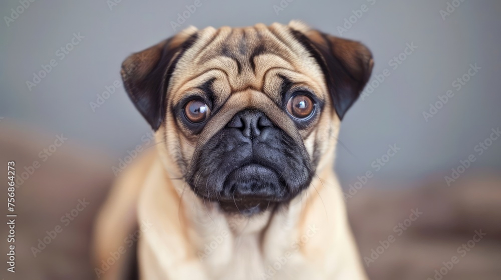 Adorable Pug Dog with Big Sad Eyes Sitting on Soft Background, Portrait of Pet Friend, Domestic Canine Close-Up